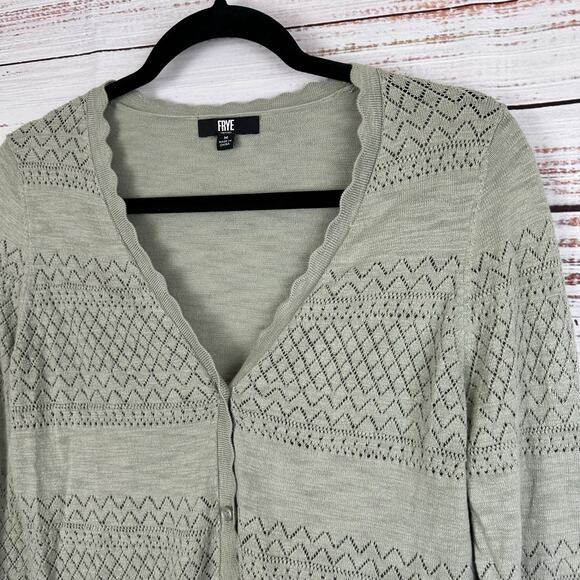 Womens Frye Sage Green Button Front Cardigan Pointelle Scallop Hem Cotton Sz M - Picture 1 of 6
